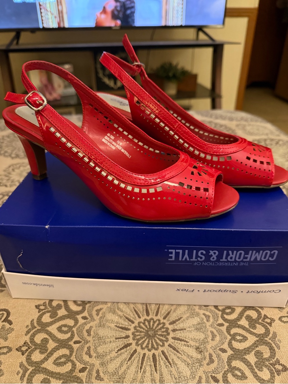 easy street Red Laser-Cut Patent Peep-Toe Slingback Heels - Picture 2 of 4